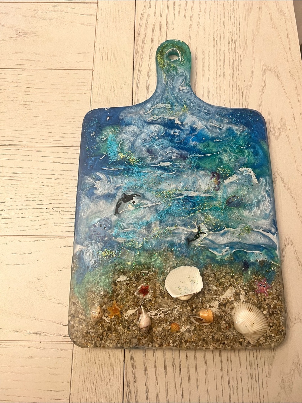 Coastal Blue & Green Resin Art Serving Board with Shell Accents